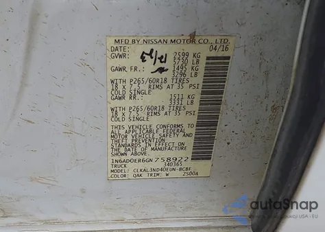 2016 Nissan Frontier Sl from USA, damaged, VIN 1N6AD0ER6GN758922